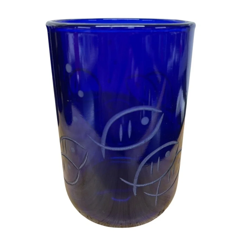 Rolf‎ Glass Blue Fish Twice Around 14 oz Recycled Glass Tumbler Set of 4 US Made